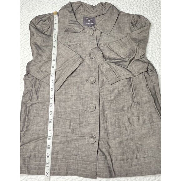 Forever 21 Womens Gray Linen Top Short Sleeves LARGE Cute Buttons Pockets - Picture 2 of 3